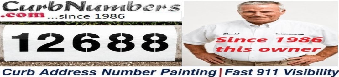 CurbNumbers.com since 1986 — curb address painting and fast 911 visibility, featuring curb number example and owner